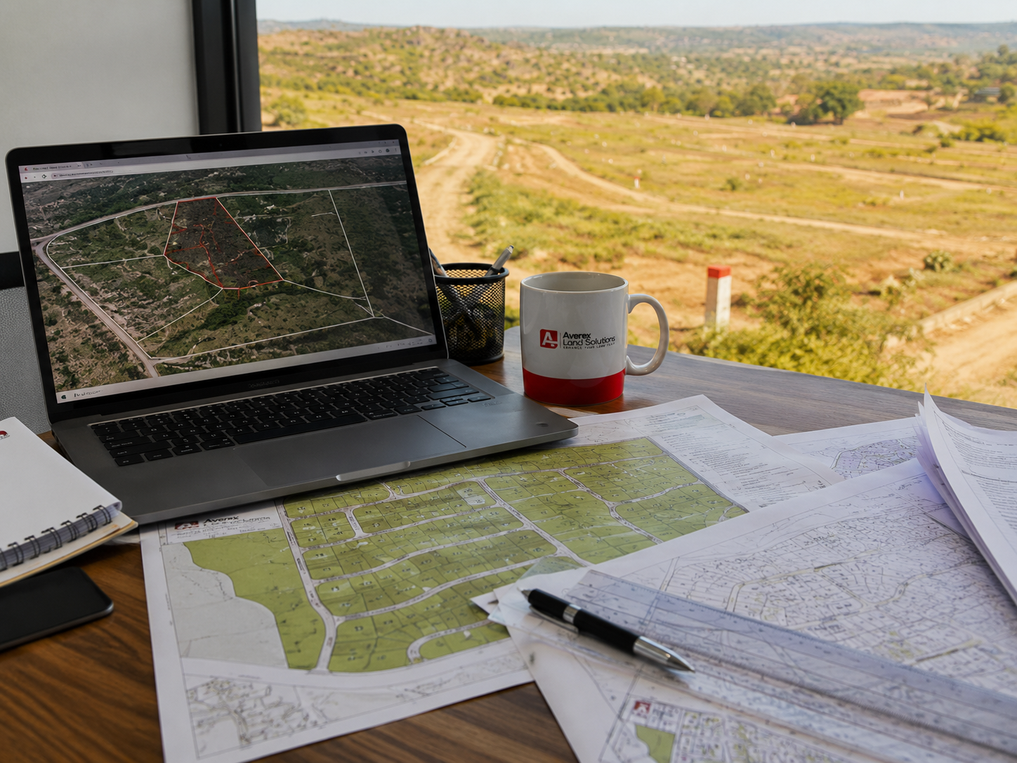 Land planning desk with maps and location analysis tools